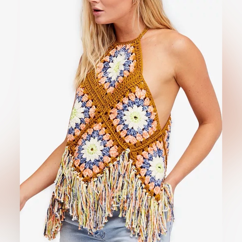 Free People Mustard Crochet Halter Fringe Tank with Multicolor Squares